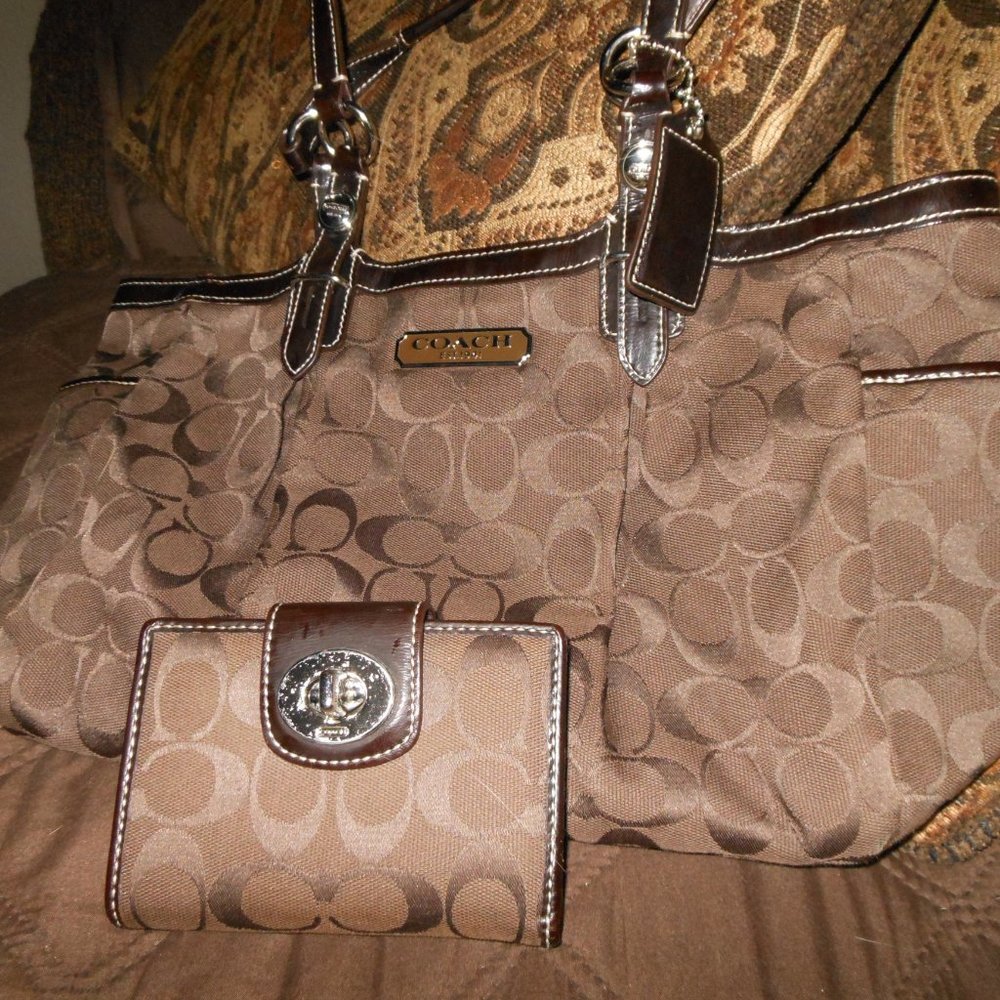 Coach Brown Canvas Wallet and Matching Handbag